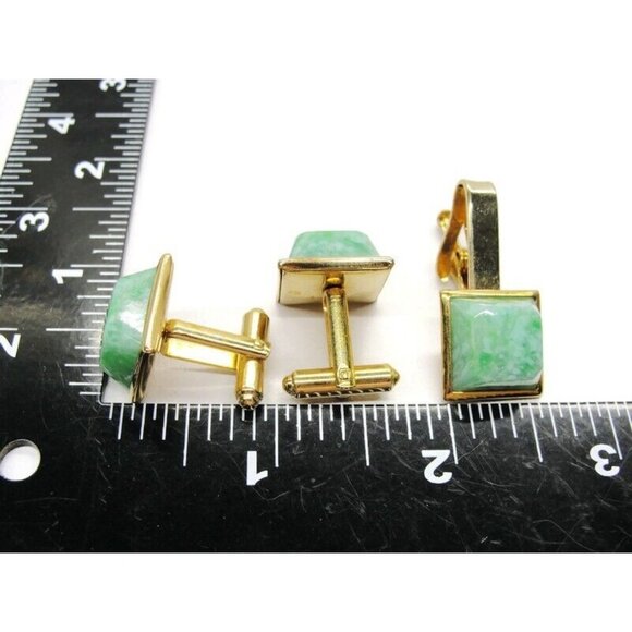 Jadeite Cufflinks Neck Tie Clip Square Gold Tone Set Tux Shirt Suit Vintage - Picture 5 of 5